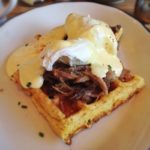 Belgian waffle recipe with bacon, hollandaise and poached eggs